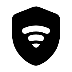 Rounded solid icon of a shield with three wireless signal arcs. Used for VPN, secure connections, and network privacy.