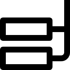 Clean line icon of two stacked rounded boxes linked to a right connector. Used for flowcharts, workflows.