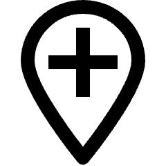 Clean line icon of a map pin with a plus sign. Used for adding locations, maps, and place markers.