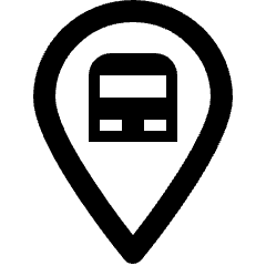 Clean line icon of a map pin containing a bus. Used for bus stops, transit maps, and route locations.