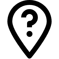 Clean line icon of a map pin containing a question mark. Used for location help, map queries, and support.