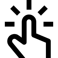 Minimal line icon of a fingertip tapping with radiating touch marks. Used for touch gestures, taps, and interaction prompts.