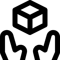 Clean line icon of a box above two supporting hands. Used for fragile shipping, package handling, and delivery instructions.