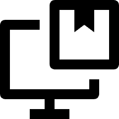 Clean line icon of a desktop monitor with a bookmark ribbon on screen. Used for shipping, computer hardware, and saved items.