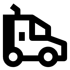 Clean line icon of a side-view shipping truck with cargo box and two wheels. Used for delivery, logistics, and shipping.