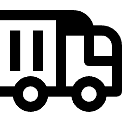 Clean line icon of a shipping truck with a cargo box, cab, and two wheels. Used for delivery tracking and logistics.