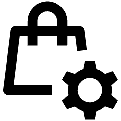 Clean line icon of a shopping bag with a gear at lower right. Used for shopping settings and store management.