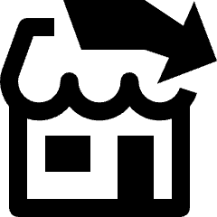Clean line icon of a storefront with an awning and arrow. Used for drive-through pickup.
