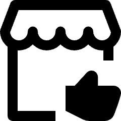 Clean line icon of a shop storefront with a thumbs-up symbol. Used for shopping, store ratings, and positive reviews.