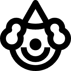 Clean line icon of a clown face with a cone hat and round side curls. Used for comedy, circus, and entertainment.