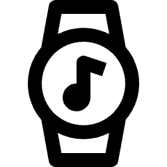 Clean line icon of a smartwatch with a music note in its circular face. Used for wearable music controls and fitness apps.