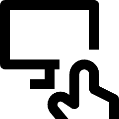 Clean line icon of a monitor with a finger touching its screen. Used for touchscreens, interactive displays, and device controls.
