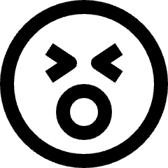 Clean line icon of a circular face with angled eyes and open mouth. Used for shocked reactions and emoji buttons.