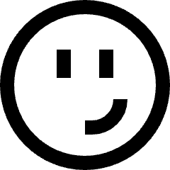Minimal line icon of a circular face with two rectangular eyes and a curved smirking mouth. Used for reactions and emojis.