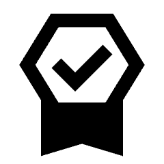 Sharp solid icon of a hexagonal badge with a checkmark and ribbon. Used for editor picks, verified choices, and awards.