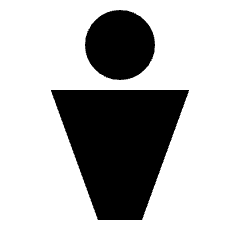 Sharp solid icon of a circle above a tapered trapezoid. Used for men's restrooms, toilet labels, and bathroom navigation.