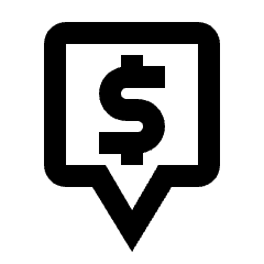 Clean line icon of a rounded square map pin with a dollar sign. Used for bank locations and money maps.