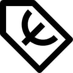 Clean line icon of a tilted tag with a euro symbol. Used for prices, currency, sales, and product labels.