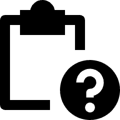 Clean line icon of a clipboard with a question mark in a circle. Used for task lists, help, and questions.