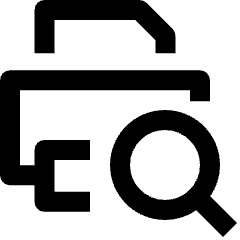 Clean line icon of a printer with a paper sheet and magnifying glass. Used for print preview and document review.