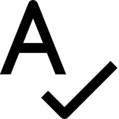 Clean line icon of a letter A with a check mark. Used for spelling, proofreading, and text validation.