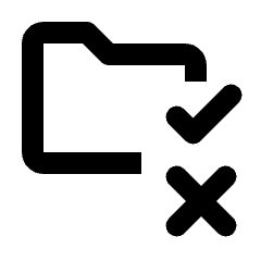 Rounded line icon of a folder with check and X marks. Used for folder rules, validation, and file management.