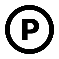 Sharp line icon of a bold P inside a circle. Used for sound recording copyright, music rights, and audio licensing.