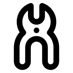 Minimal line icon of a symmetrical tool with opposing curved arms, two handles, and a central dot. Used for tools and repairs.