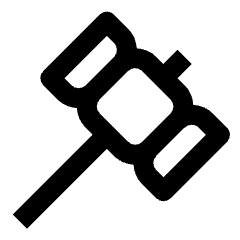Clean line icon of a wooden hammer with a broad head and diagonal handle. Used for tools, hardware, DIY, and construction.