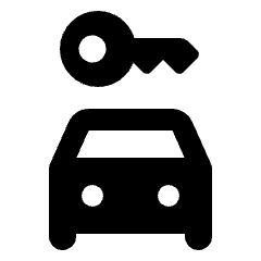 Rounded solid icon of a car beneath a large key. Used for car rentals and vehicle access.