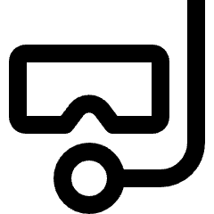 Clean line icon of a diving mask and round air tank with hose. Used for scuba, travel, and underwater activities.