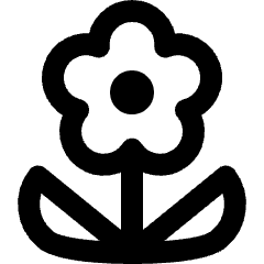 Clean line icon of a flower bloom with a circular center, stem, and two leaves. Used for gardening, nature, and floral apps.
