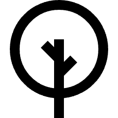 Clean line icon of a tree trunk with two angled branches inside a circle. Used for nature, parks, gardening, and ecology.