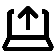Rounded line icon of a laptop with an upward upload arrow. Used for file uploads, cloud storage, and data transfer.