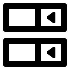 Minimal line icon of two stacked panels with blank left columns and left-pointing triangles in right columns. Used for UI layouts.