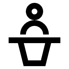 Clean line icon of a person standing behind a podium. Used for announcements, presentations, speeches, and public speaking.