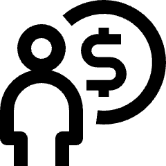 Clean line icon of a person silhouette beside a dollar sign inside a partial circle. Used for funds, payments, finance.