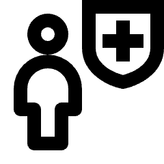Clean line icon of a user silhouette beside a shield with a plus. Used for account security and protected profiles.