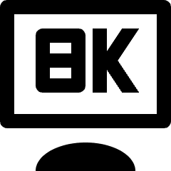 Clean line icon of a rounded video screen labeled 8K. Used for 8K video, displays, and media settings.