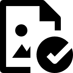 Clean line icon of an image file with a checkmark badge. Used for verified images and file approval.