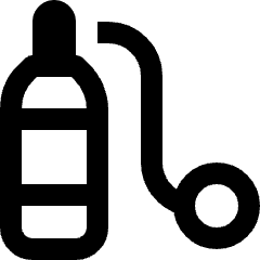 Clean line icon of a scuba tank, curved hose, and round regulator. Used for diving gear and underwater sports.