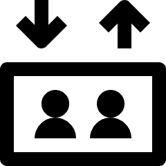 Clean line icon of up and down arrows above an elevator panel with two people. Used for lifts, elevators, and wayfinding.