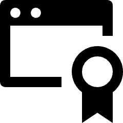 Clean line icon of a certificate page with two dots and a ribbon badge. Used for certifications, awards, and credentials.