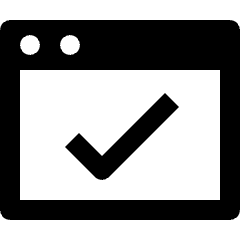 Clean line icon of rounded browser window with two dots and a checkmark. Used for page checks and approvals.