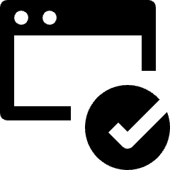 Clean line icon of a browser window with a checkmark badge. Used for page verification and approved web content.