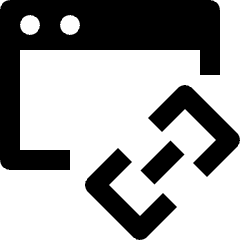 Clean line icon of a browser window with two overlapping chain links. Used for hyperlinks, web pages, and URL actions.