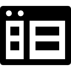 Minimal line icon of a rounded window with two dots and four blocks. Used for source code, web pages, and UI layouts.