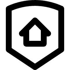 Clean line icon of a shield surrounding a house. Used for home security, protected addresses, and safety settings.