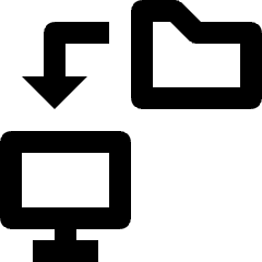 Clean line icon of a folder, download arrow, and computer monitor. Used for wireless file transfers and shared folders.