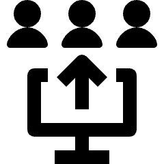 Minimal line icon of three users above a network box with an upward arrow. Used for wireless sharing and network output.
